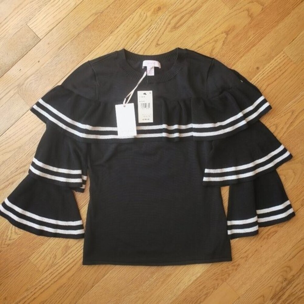 NWT SCRIPTED knit ruffle sweater metallic black fairy romantic elegant stretch